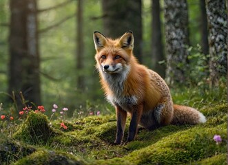 Fox in green forest. Cute Red Fox, at forest with flowers, moss stone. Wildlife scene from nature.