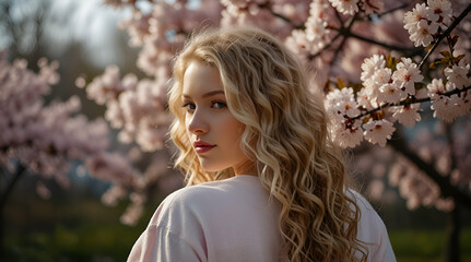 Naklejka premium Beautiful young woman with long curly blonde hair from behind holding blooming branch of sakura tree, Generative.AI 