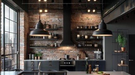 Create an image of a hanging pendant lamp with an industrial design, featuring metal and glass elements, perfect for a modern kitchen.