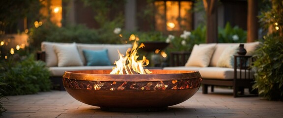 A luxurious fire pit with lively flames in an upscale outdoor patio setting during twilight