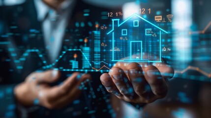 Man holding holographic house model symbolizing technology, real estate, and digital transformation in property industry.