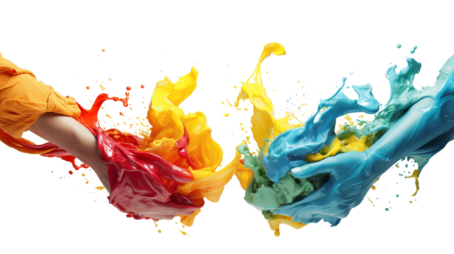 Hands of two artists mixing various watercolors. Expressing creativity through a colorful palette, capturing the essence of collaboration and artistic synergy.