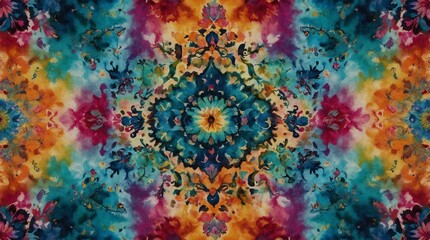 An artistic rug with abstract watercolor patterns resembling butterflies in a symmetric layout