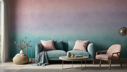 Elegant interior design featuring a modern living room with a pastel-colored gradient wall and stylish furniture