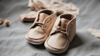 Soft leather baby shoes placed on a gentle fabric background symbolize comfort and the beginning of a journey
