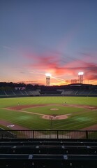 Evening view of a baseball stadium with illuminated stands