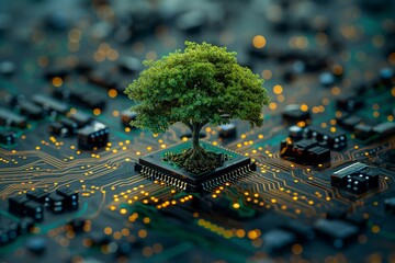 Conceptual image of a miniature tree growing on the surface of a computer board, the roots of which are integrated into the chip. Around the tracks, microchips and luminous dots transmit data. 