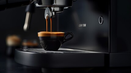 Create an image of an elegant espresso machine in action, pulling a rich, dark shot of espresso into a small cup, highlighting the art of espresso making.