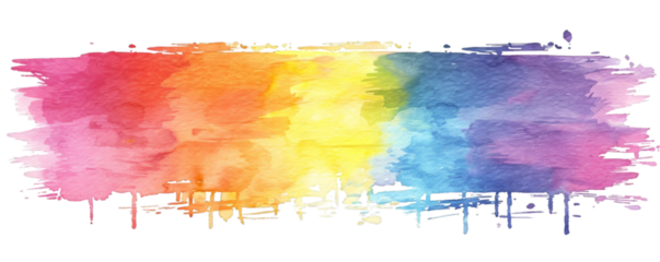 Horizontal rainbow watercolor splash with vibrant brushstrokes and dripping effects on a transparent background. Abstract art for design and print. Watercolor painting with place for text.