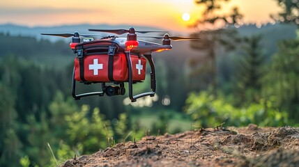 A drone with a red first aid kit flying over a mountain landscape with a green forest, a small lake, and a valley at sunset or sunrise. Mountain rescue concept.
