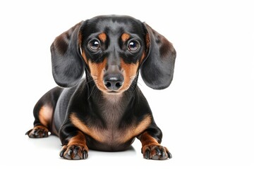 Dachshund with Wagging Tail and Bright Eyes: A Dachshund with a wagging tail and bright, attentive eyes, radiating energy and enthusiasm. photo on white isolated background