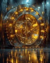 Naklejka premium Massive bank vault door, metallic and imposing, golden light reflecting off polished surfaces, secure and hightech financial environment