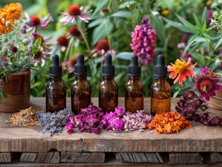 Natural remedy setup with essential oil bottles