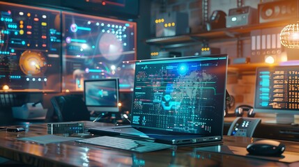Design a futuristic workspace with a holographic display emanating from a laptop, showcasing advanced technology and innovation.