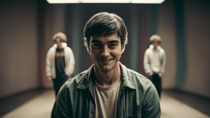 A man smiling in a group of three men with one behind him, AI