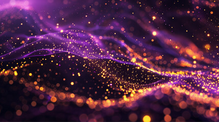 Obraz premium A vibrant abstract of a digital particle wave in purple and gold with bokeh effect