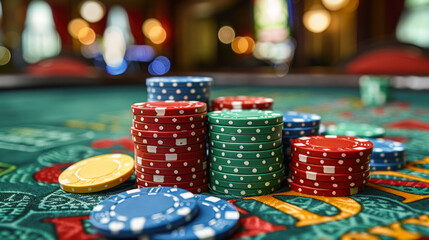 Poker chips and playing cards on poker table in casino. Gambling table in luxury casino. Lucky chance, gambling. casino table with cards and chips scattered across the surface, gaming