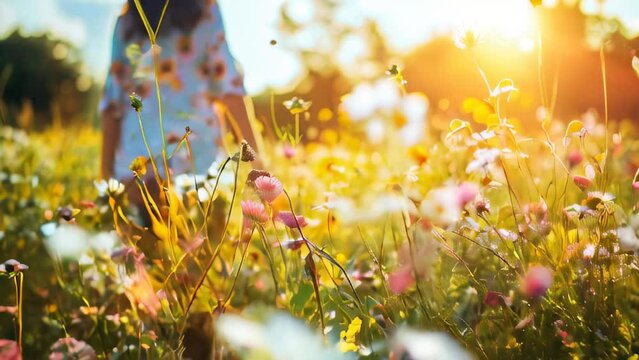 Woman in floral shirt walks through colorful field of wildflowers bright sunlight
