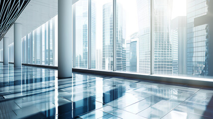 Fototapeta premium modern office interior with floortoceiling windows overlooking city skyline, glossy ceramic tiles on the floor, daylight coming through, white and blue color theme, high resolution photography