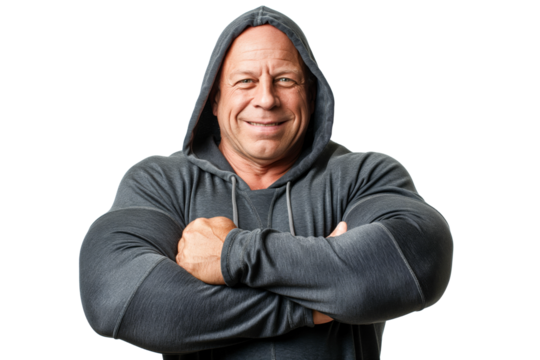 Smiling Muscular Senior Man in Black Hoodie on White Background