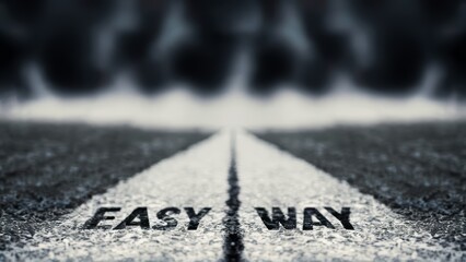 A black and white photo of a road with the word easy way painted on it, AI