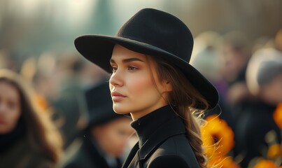 Portrait of mourning young woman, a widow in cemetery grief and respect for dead person