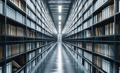 Document storage archive with endless rows of shelves filled with meticulously organized files. 