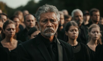 Portrait of a senior man in a black suit in a cemetery at a funeral ceremony among a crowd of people on a background