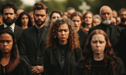 Fototapeta premium Funeral ceremony. Sad people mourning outdoors