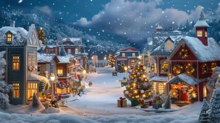 Design a snowy winter scene with a small town decorated for Christmas, featuring lighted streets, wreaths on doors, and a festive market.