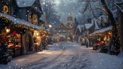 Obraz premium Design a snowy winter scene with a small town decorated for Christmas, featuring lighted streets, wreaths on doors, and a festive market.