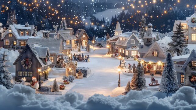 Design a snowy winter scene with a small town decorated for Christmas, featuring lighted streets, wreaths on doors, and a festive market.