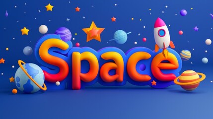 Vibrant 3D Space Lettering with Colorful Planets and Rocket