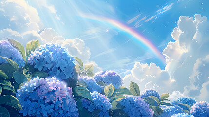 A beautifully crafted digital image depicting blue hydrangeas basking under a sunlit rainbow