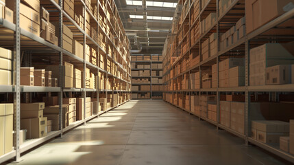 Big warehouse filled with goods. Background image. Created with Generative AI technology.