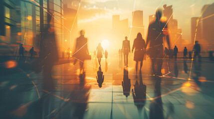 Cityscape with people silhouettes against a sunset, reflecting urban life and work balance