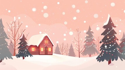 Naklejka premium Cozy cabin in a snowy forest with twinkling lights and falling snow. Perfect for Christmas and winter themes.