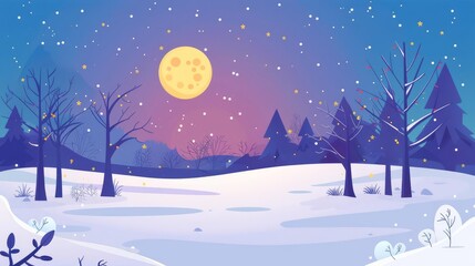 Naklejka premium Snowy winter landscape with full moon and pine trees.