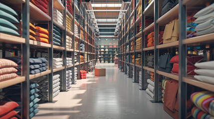 Big warehouse filled with goods. Background image. Created with Generative AI technology.