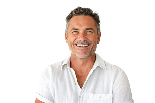 Smiling Middle-Aged Man in White Shirt on White Background