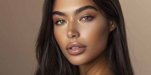 Fototapeta premium Beauty photography of a beautiful woman with long straight hair posing against a neutral background