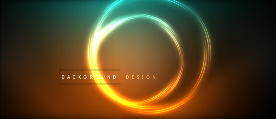 Neon glowing circle rays, light round lines in the dark, planet style neon wave lines. Energetic electric concept design for wallpaper, banner, background