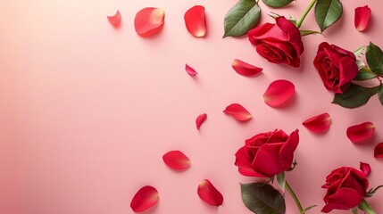 Red roses on pink background with copy space for Valentine's Day,