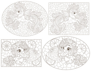 Set of contour illustrations in the style of stained glass with cute cartoon unicorns in the sky