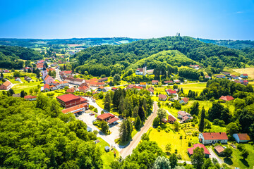Village of Strigova towers and green landscape aerial view
