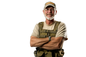 Smiling Senior Man in Tactical Vest and Cap on White Background