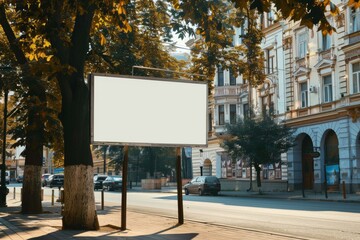 Fototapeta premium Urban Billboard on a Sunny Street with Trees and Classic Architecture