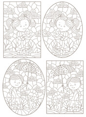 Set of contour illustrations in the style of stained glass with a boy and a girl under an umbrella