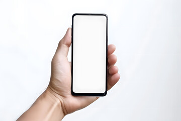 Man hand holding smartphone mock up isolated on white background