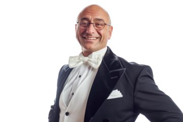 Smiling Bald Senior Man in Formal Black Tuxedo and Bow Tie on White Background